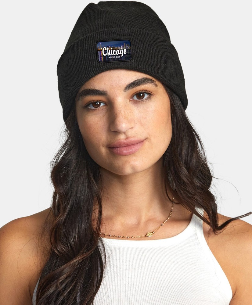 Chicago Skyline Windy City Patch Cuffed Knit Hat Black