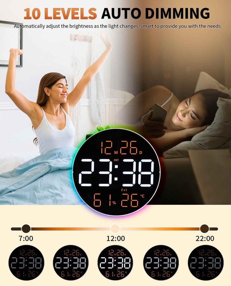 10 Inch Large Digital Wall Clock with 13 Color Changing Remote Control, Date ...