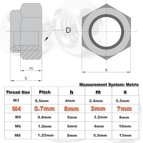 100PCS Locknuts Metric Nylon Inserted Hex Lock Nuts Self-Lock Nylon M4