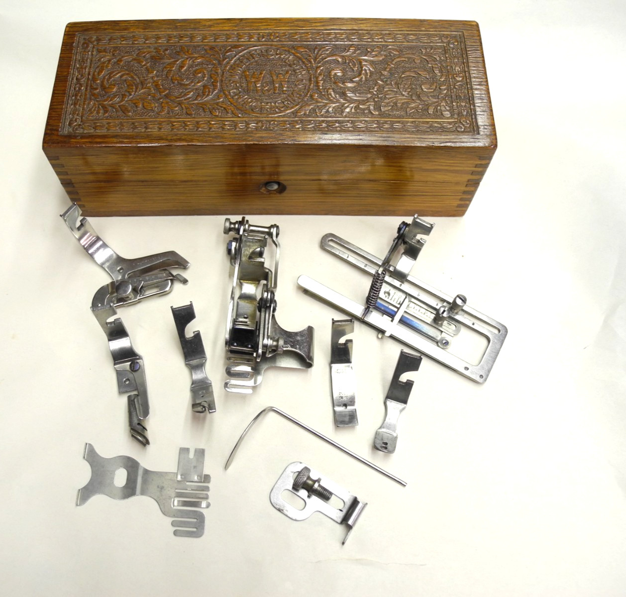 VINTAGE WHEELER & WILSON AND SINGER ACCESSORY BOX LOADED WITH PARTS,  GOOD SHAPE