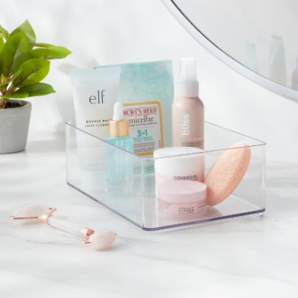 Large Plastic Bathroom Tray Clear Organizer, Stackable Storage, Hand Washable