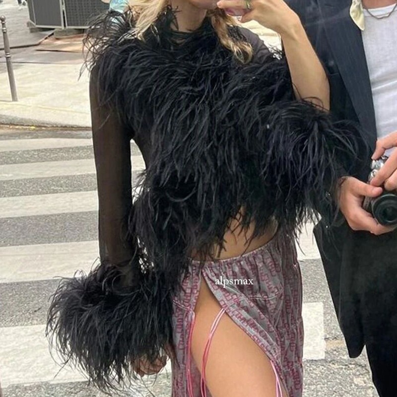 Lady Ostrich Feather Top Cardigan Mesh Sexy See Through Fluffy Feather Blouse