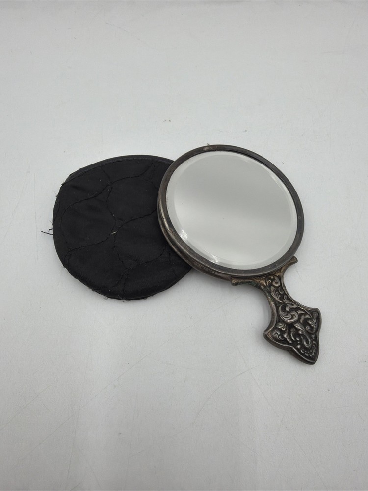 Victorian Ladies Pocketbook Purse Silver Hand Mirror with Black Satin Cover