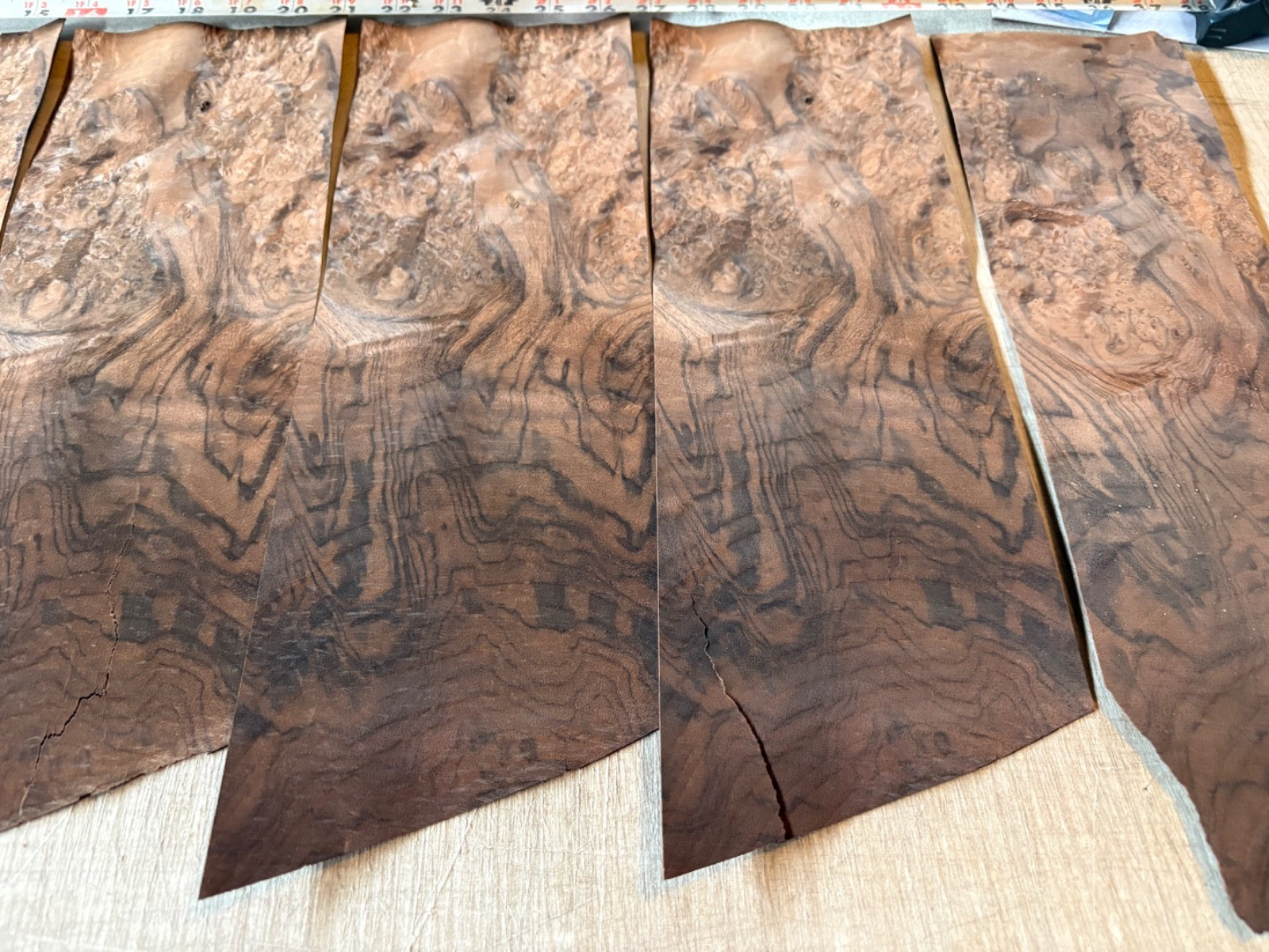 7 Burl walnut veneer wood veneer 5” X 15”. 1/42” thick