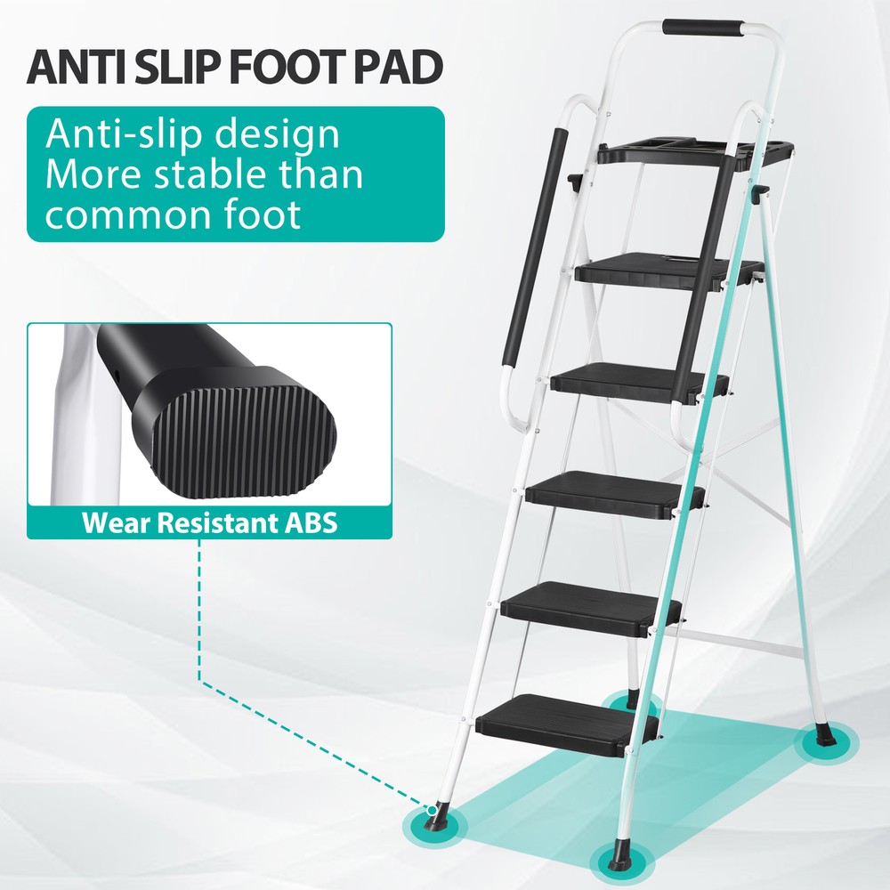 Folding 5 Step Ladder Sturdy Step Stool w/ Multi-Functional Tool Tray Household
