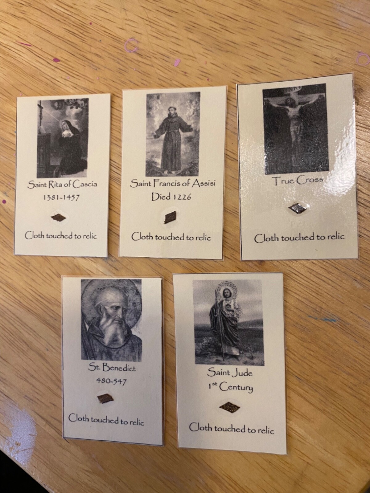 Catholic homemade relic holy card lot Saint Benedict St Jude Francis Rita Cross