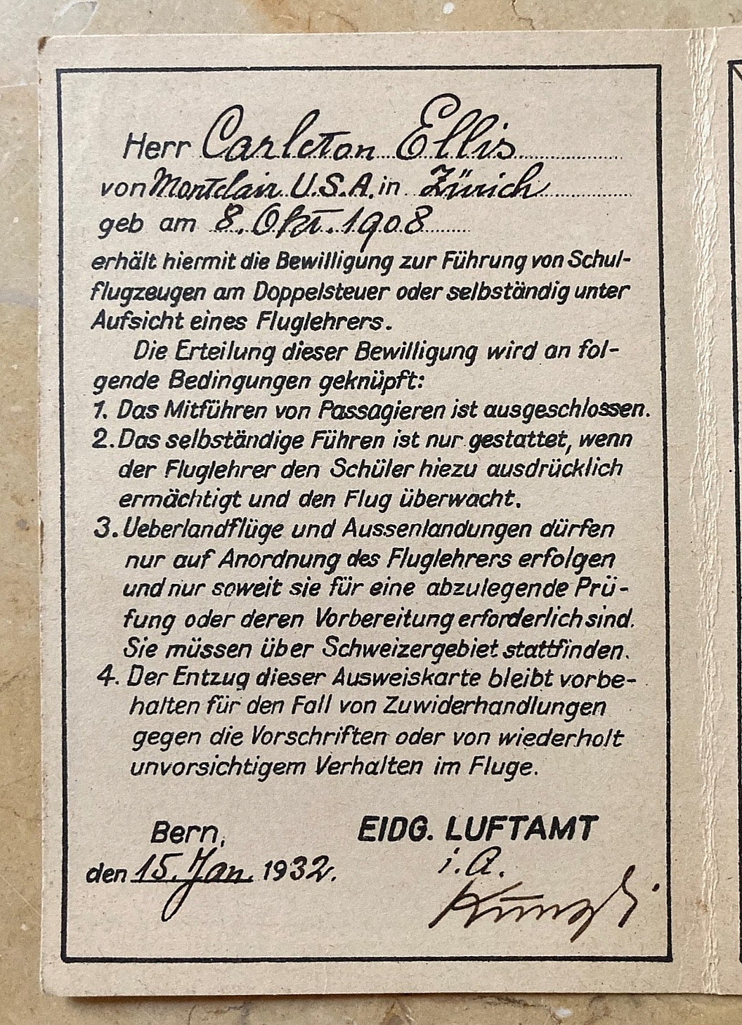 ORIGINAL! PRE-WW2 OFFICIAL SWISS AIR FORCE STUDENT-PILOT ID CARD JAN. 1932