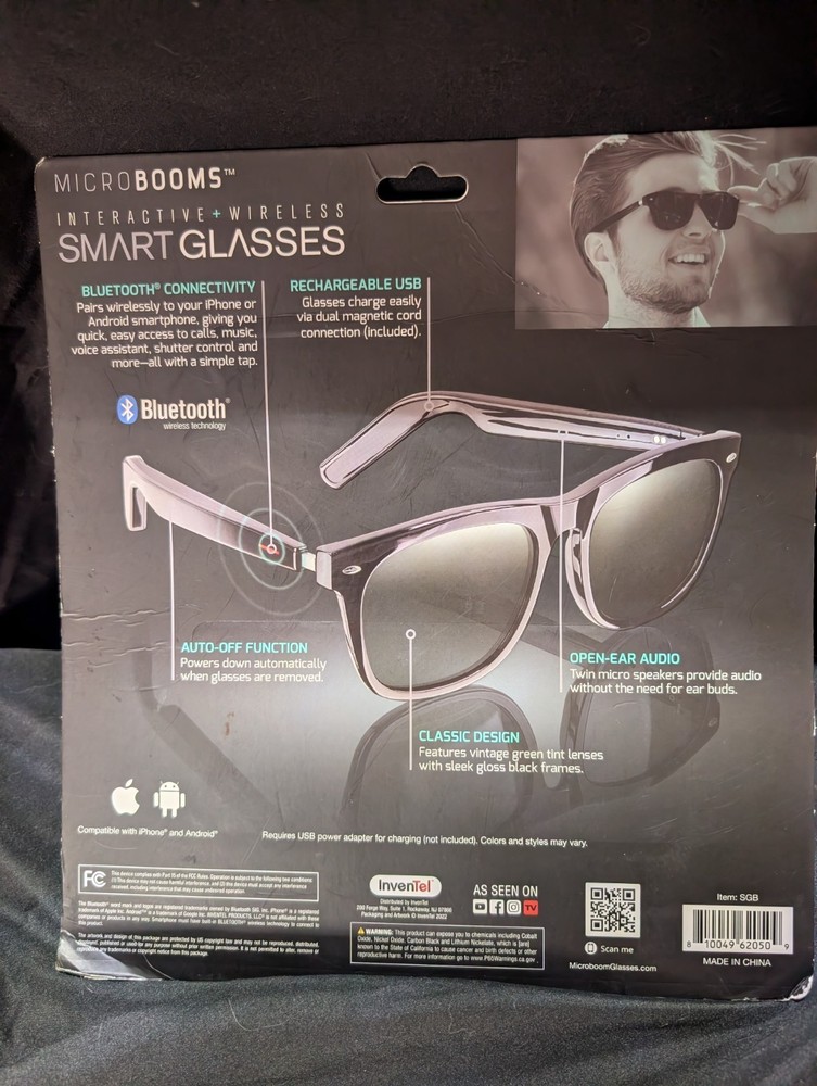 Microbooms interactive Wireless Smart Glasses Black Frames NEW IN BOX sunglasses