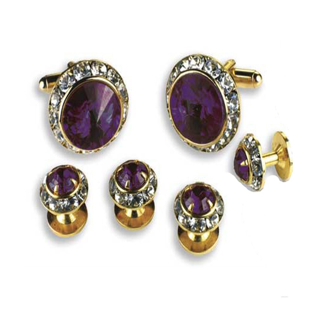 Crystal Cuff Links and Studs Set Assorted Colors in Gold Trim