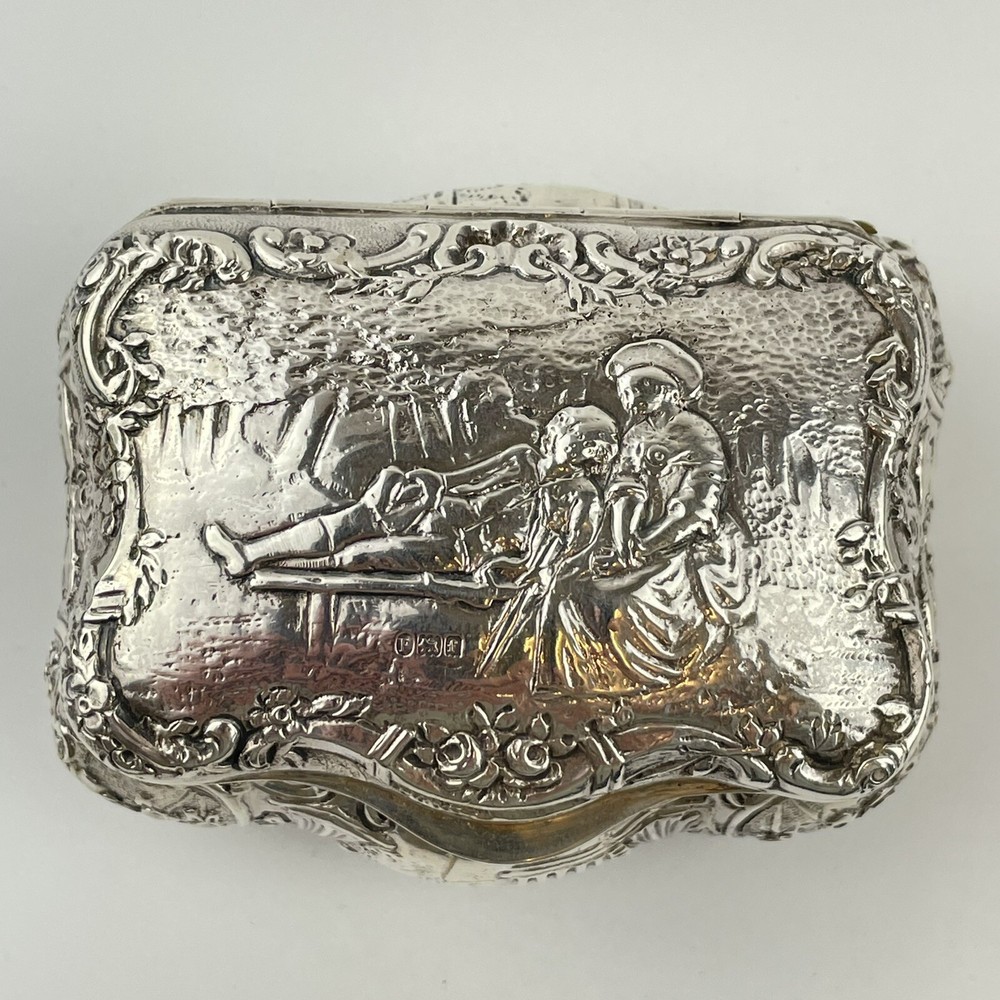 Antique Solid Silver Repousse Type Embossed Scene Trinket Box William Hutton 9cm