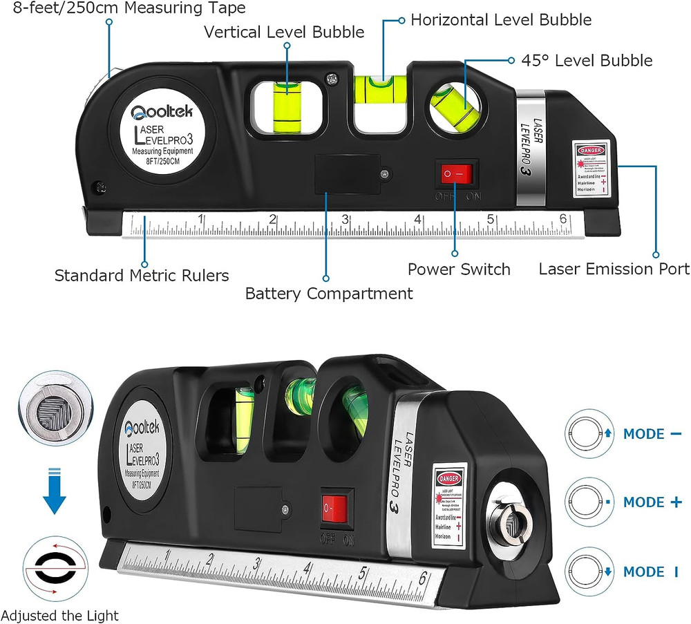 Laser Level Multi Tool, Multipurpose Cross Line Laser leveler Kit Tools with ...