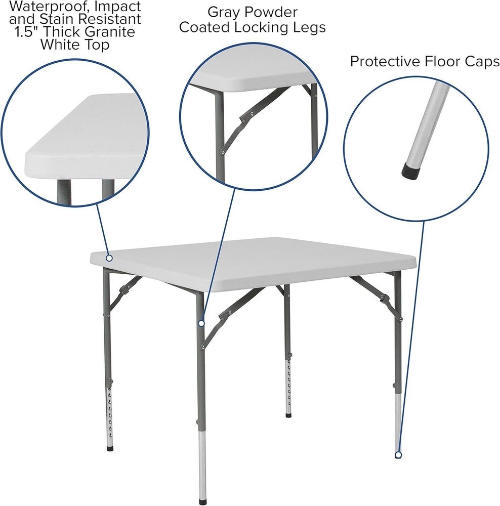 Square Height Adjustable White Plastic Folding Table for Home Garden Office US