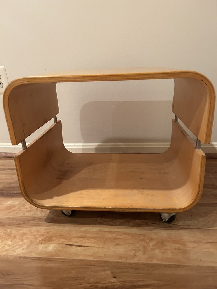 Vintage Danish Industrial Bentwood Rolling Cube Side/End Table