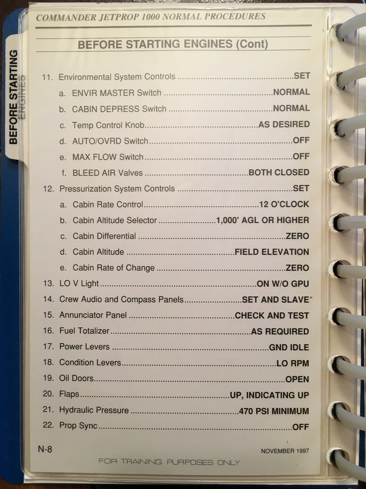 Commander Jetprop 1000 Normal Procedures Pilot Checklist aka 695A & 695B