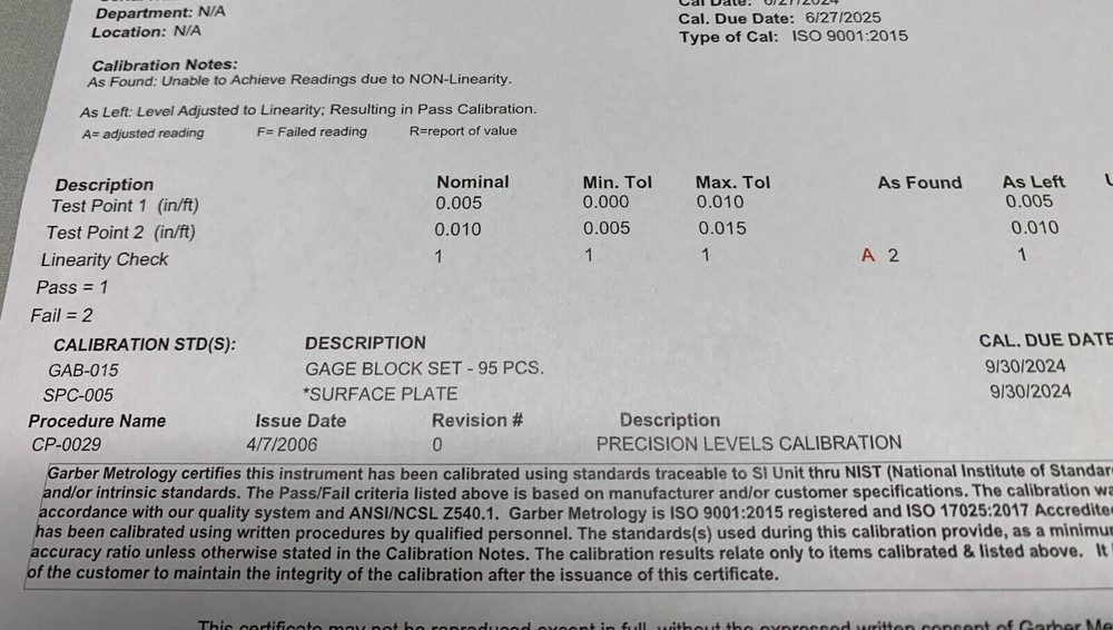 Unbranded Precision Machine Level, 12", Calibrated & Certified, .005"/ft