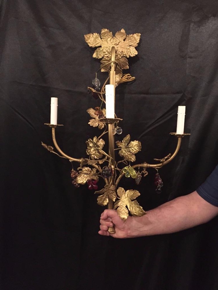 FRENCH ANTIQUE SOLID BRASS GRAPE LEAVE SCONCE WITH MULTI COLOR FRUIT CRYSTALS