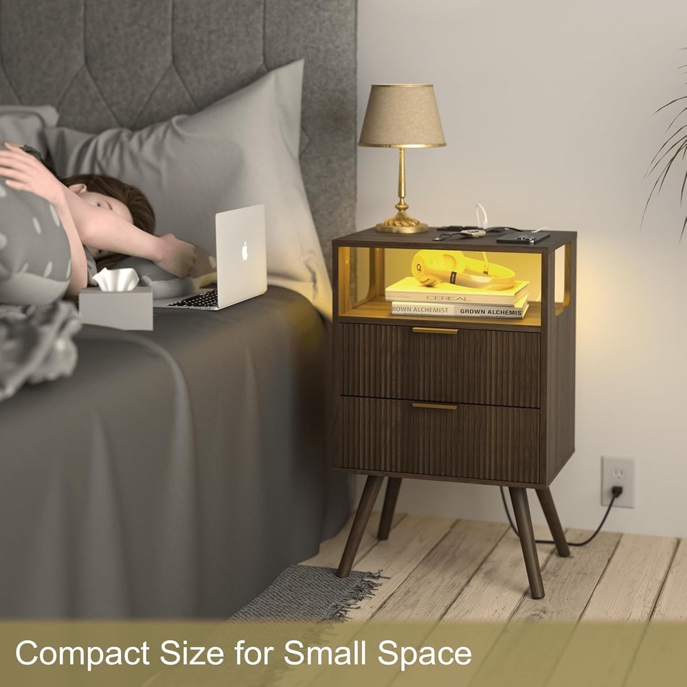 Nightstand with Charging Station and LED Lights Bedside Table 2 Storage Drawer