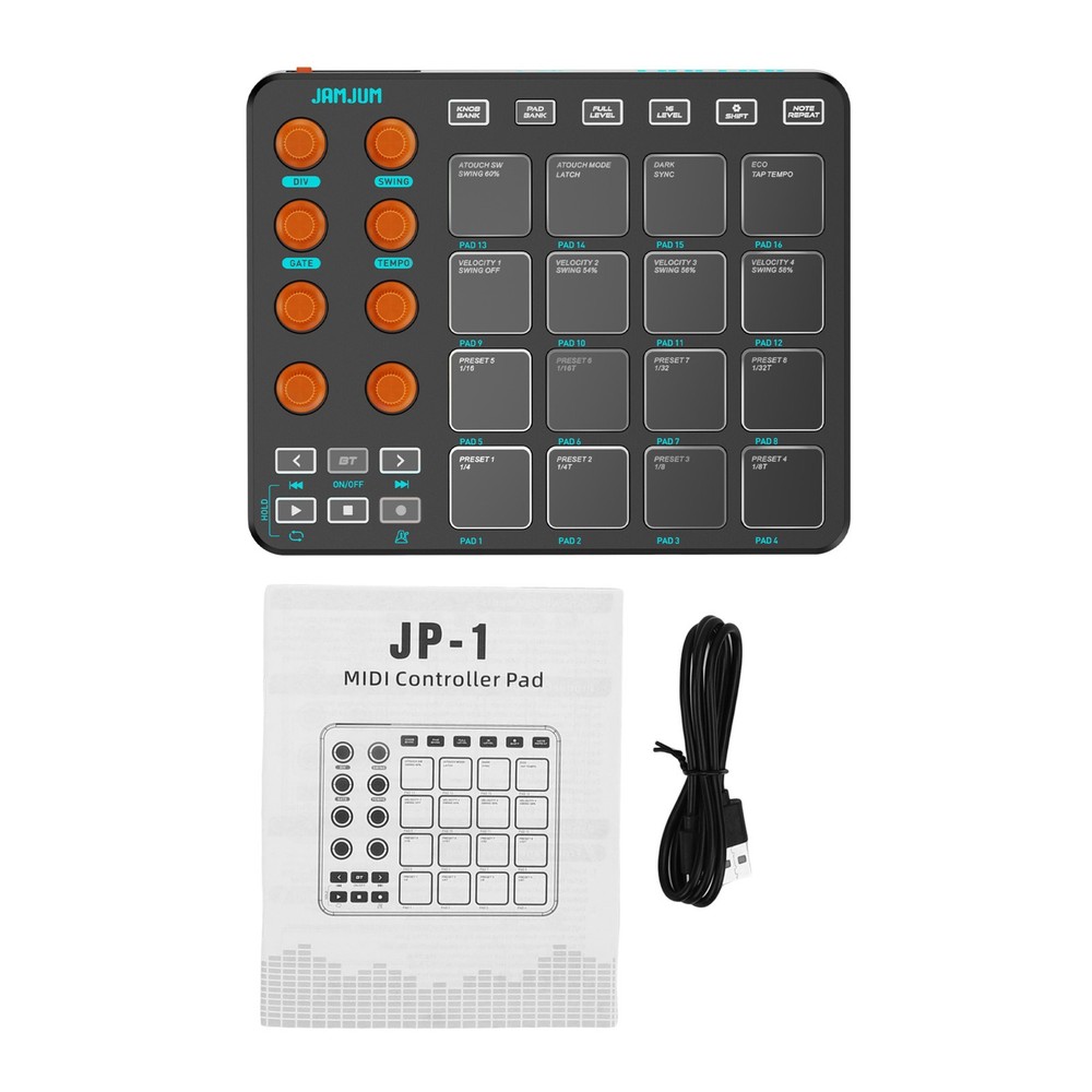 JAMJUM MIDI Controller with 16 RGB Pads 8 Knobs 6 Buttons 2000mAh Battery