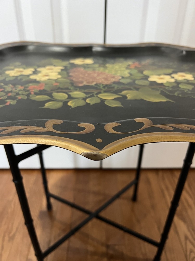 Antique Hand Painted Tole Tray On Folding Table Base