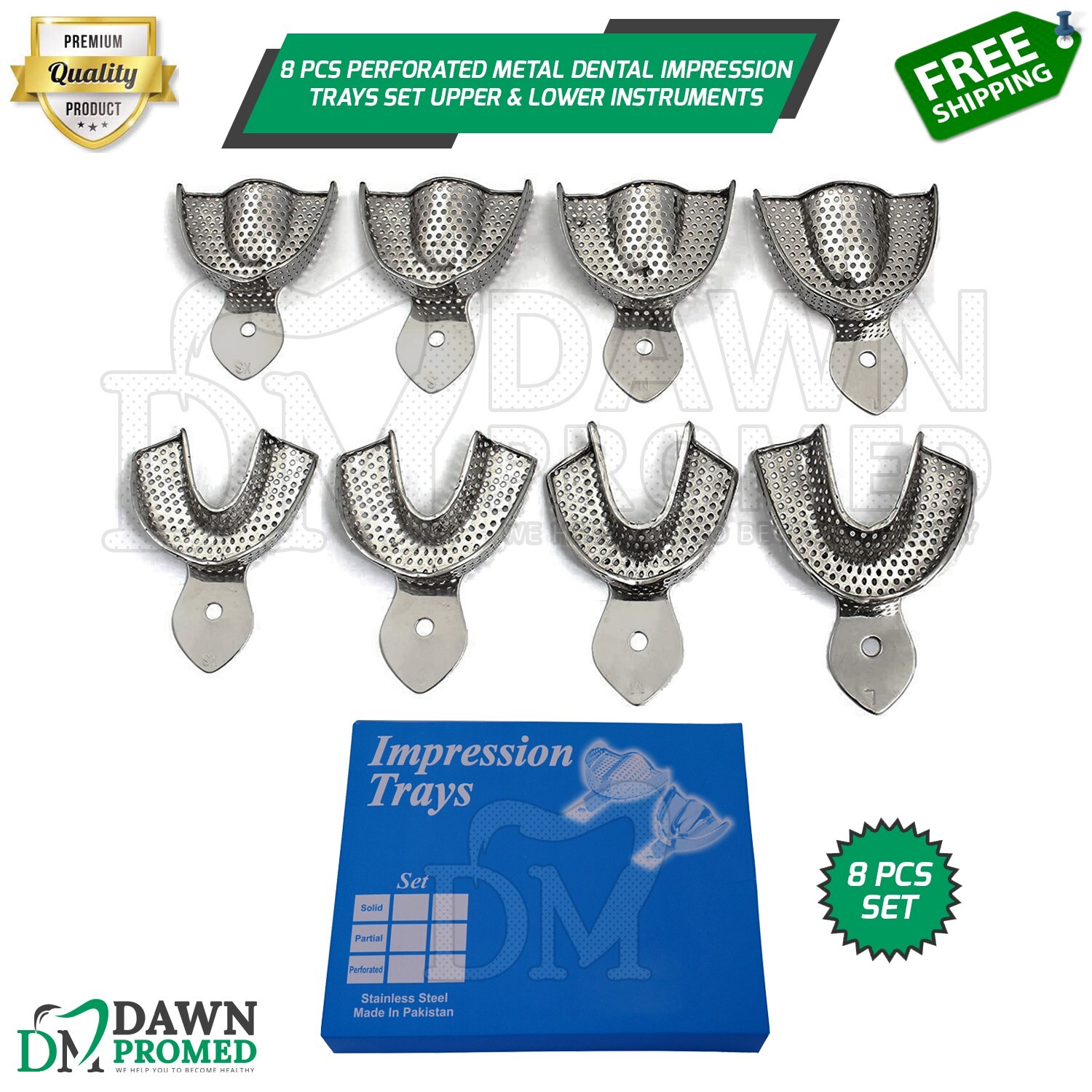 8 Pcs Perforated Metal Dental Impression Trays set Upper & Lower Inst German Gr