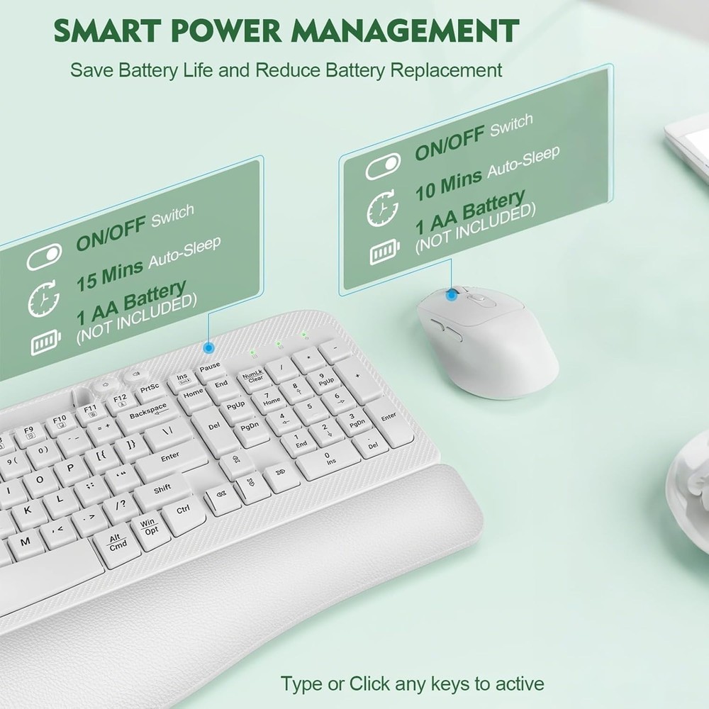 Wireless Keyboard and Mouse Combo, Wave Keys Full-Sized Ergonomic Keyboard with