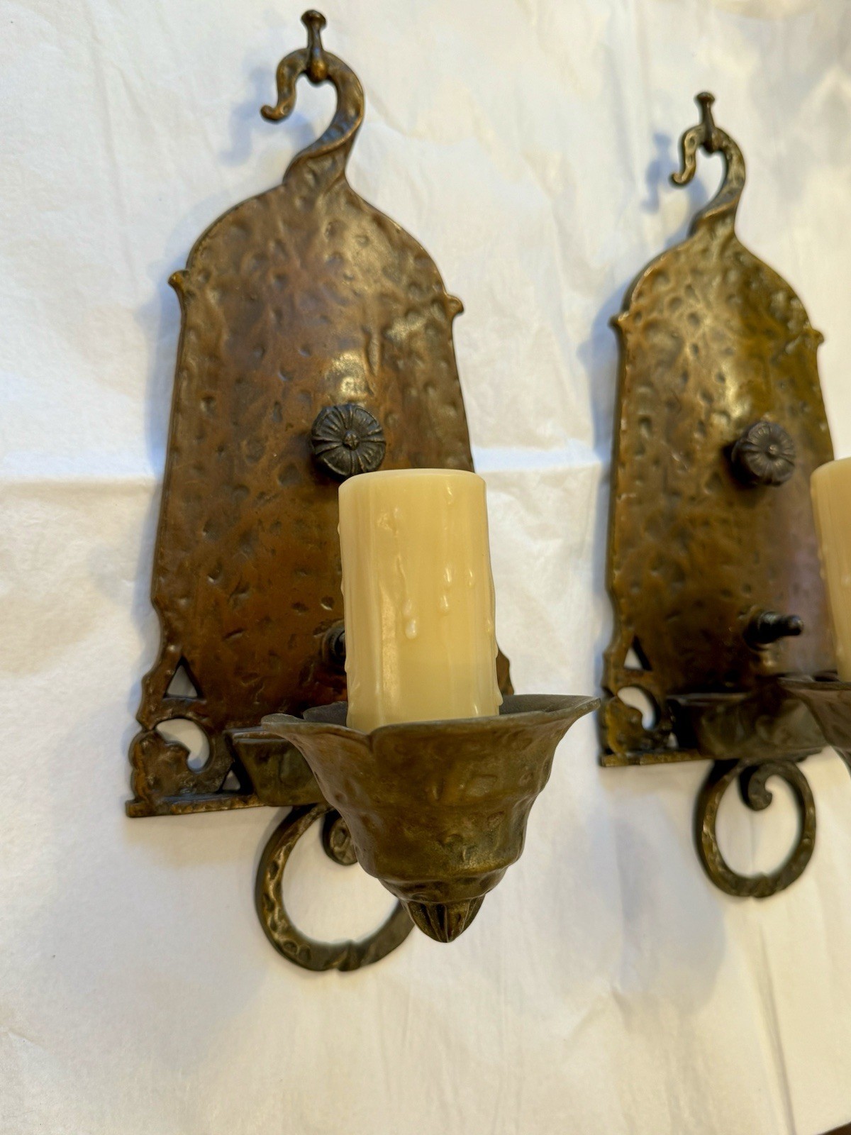Antique Virden Dog Head Wall Sconces Arts Crafts Hammered Tudor