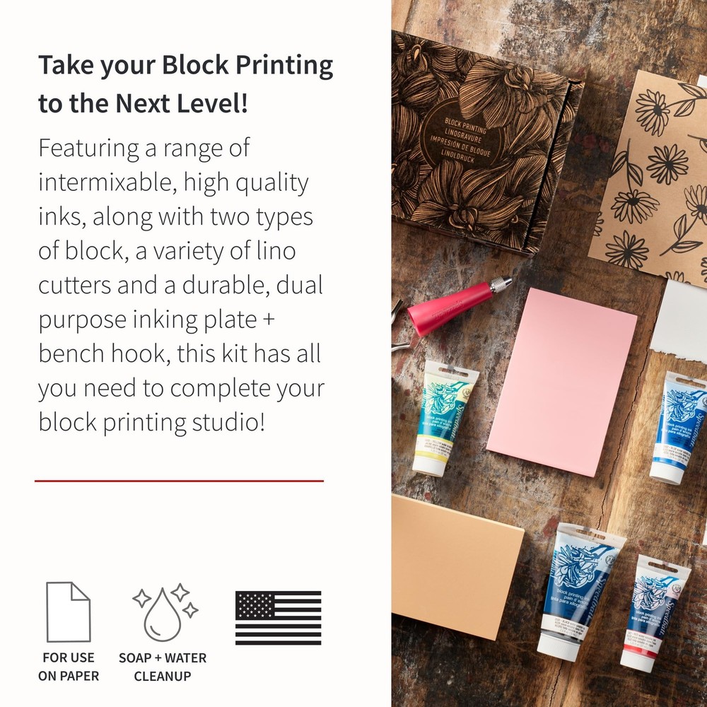 Deluxe Block Printing Kit - Includes Inks, Brayer, Bench Hook, Lino Handle an...