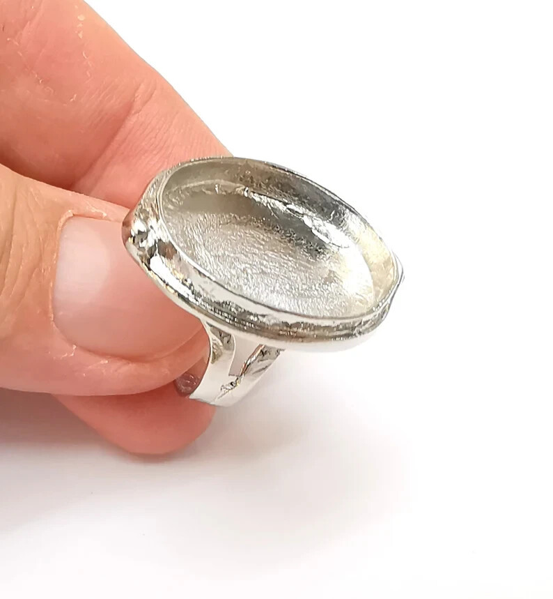 Shiny Silver Ring Blank Base Bezel Setting Adjustable Brass 25x18mm G35719