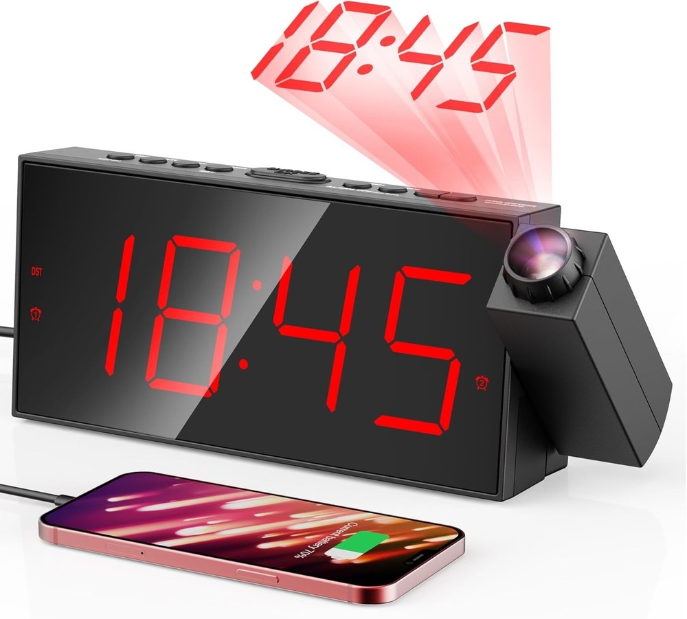Rotatable Projector Alarm Clock, Clear Display, USB Charger