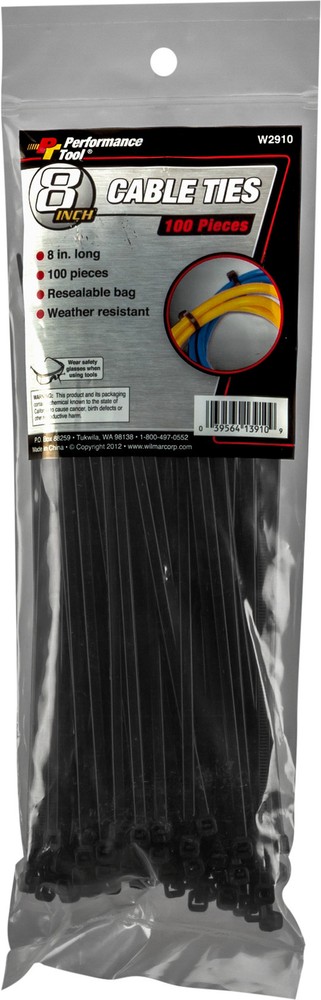 Performance Tool 8" Cable Tie Set W2910 100 pcs Black
