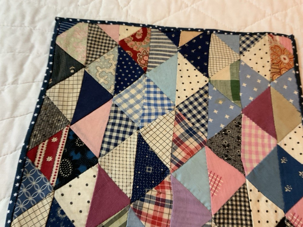 Vintage Antique Patchwork Quilt Table Topper, Early Calicos, Triangles, Multi