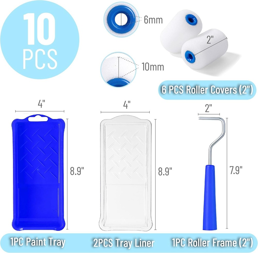 Bates- 2 Inch Foam Paint Roller Kit, 10 pcs, Small Paint Roller Kit, 1x Plastic