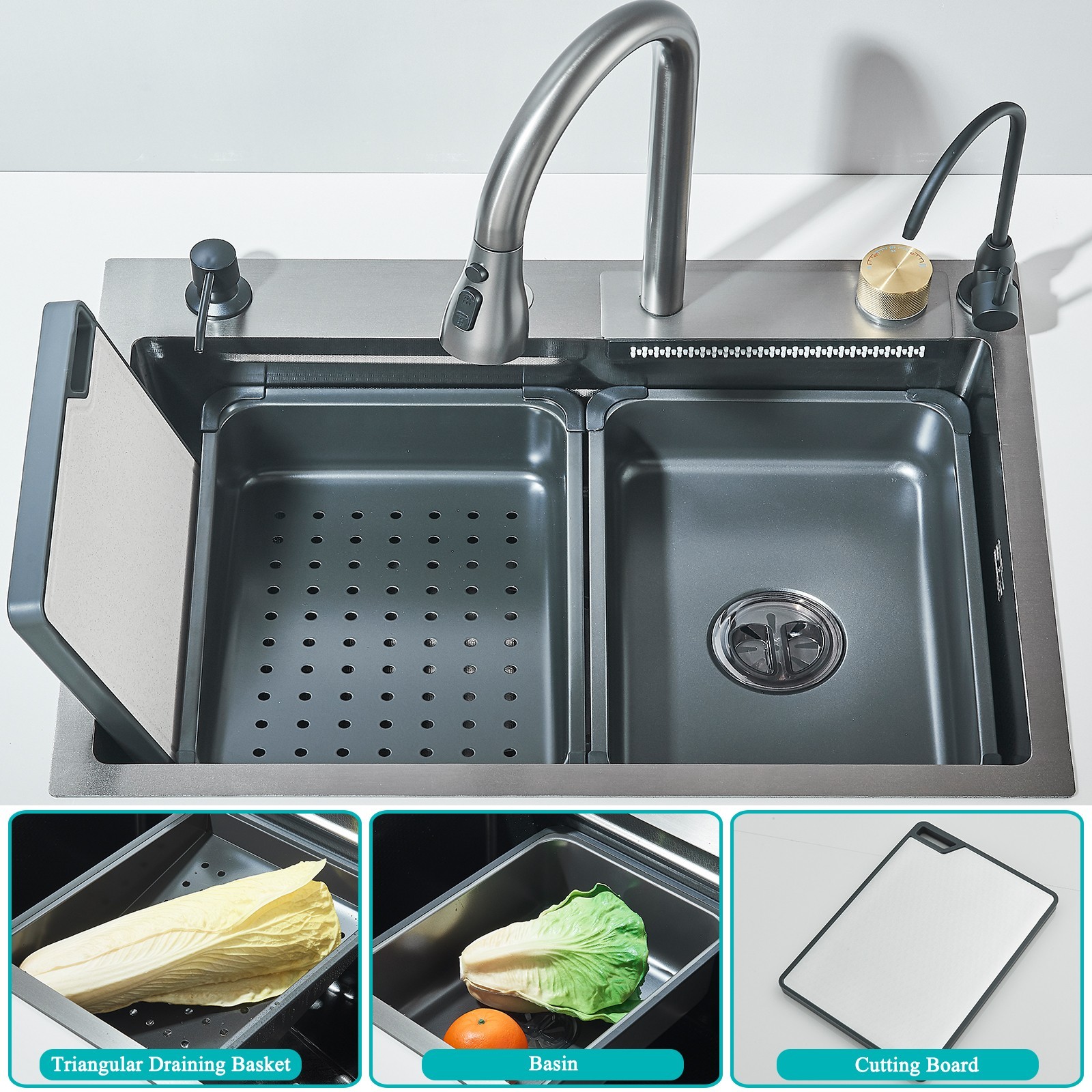 24" Flying Rain Stainless Steel Waterfall Kitchen Sink with Faucet Single Bowl