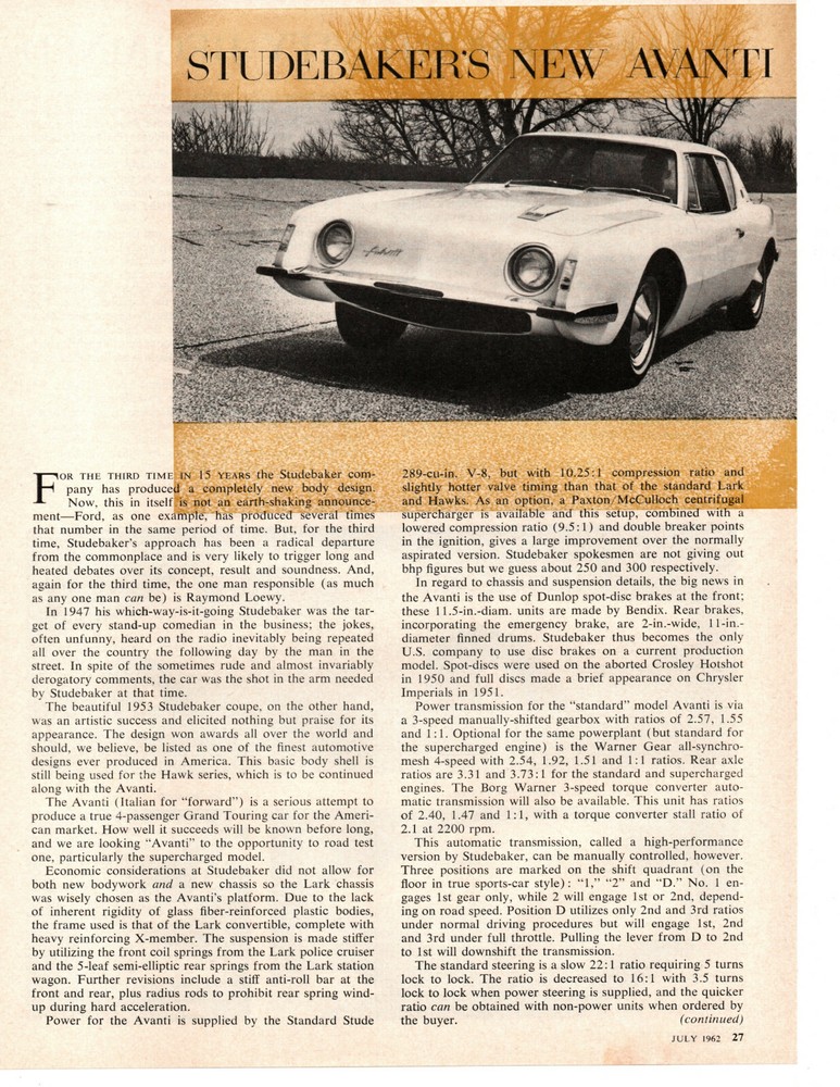 1962 STUDEBAKER AVANTI ~ ORIGINAL 2-PAGE NEW CAR PREVIEW ARTICLE / AD