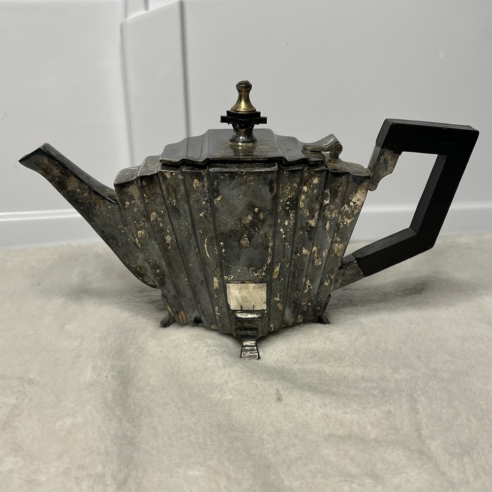 Vintage Footed Art Deco Silver Plated Tea Pot With Handle And Lid