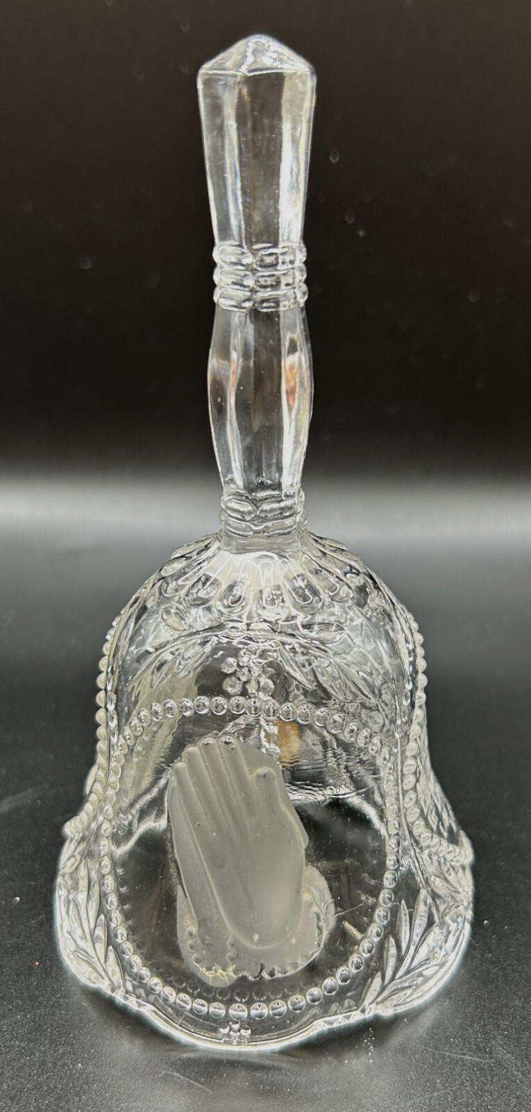VINTAGE GLASS BELL THE LORDS PRAYER PRAYING HANDS ETCHED ON CRYSTAL EMSON TAIWAN