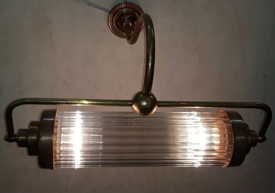 Antique Vintage Art Deco Brass & Glass Rod Ship Light Fixture Wall Sconces Lamp