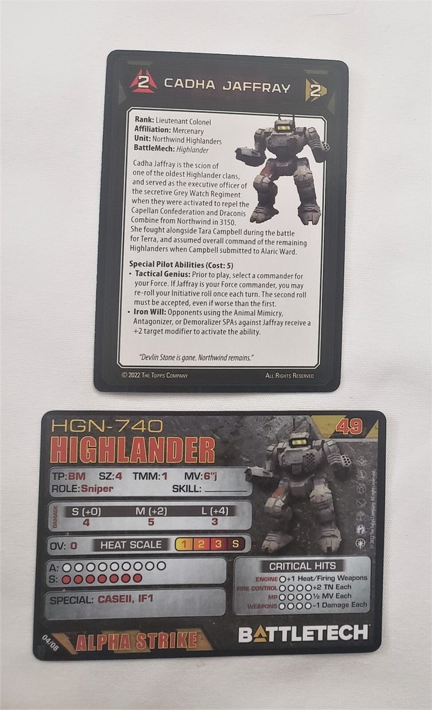 Battletech Highlander with Jump Jets Mech Alpha Cards Northwind Command Lance