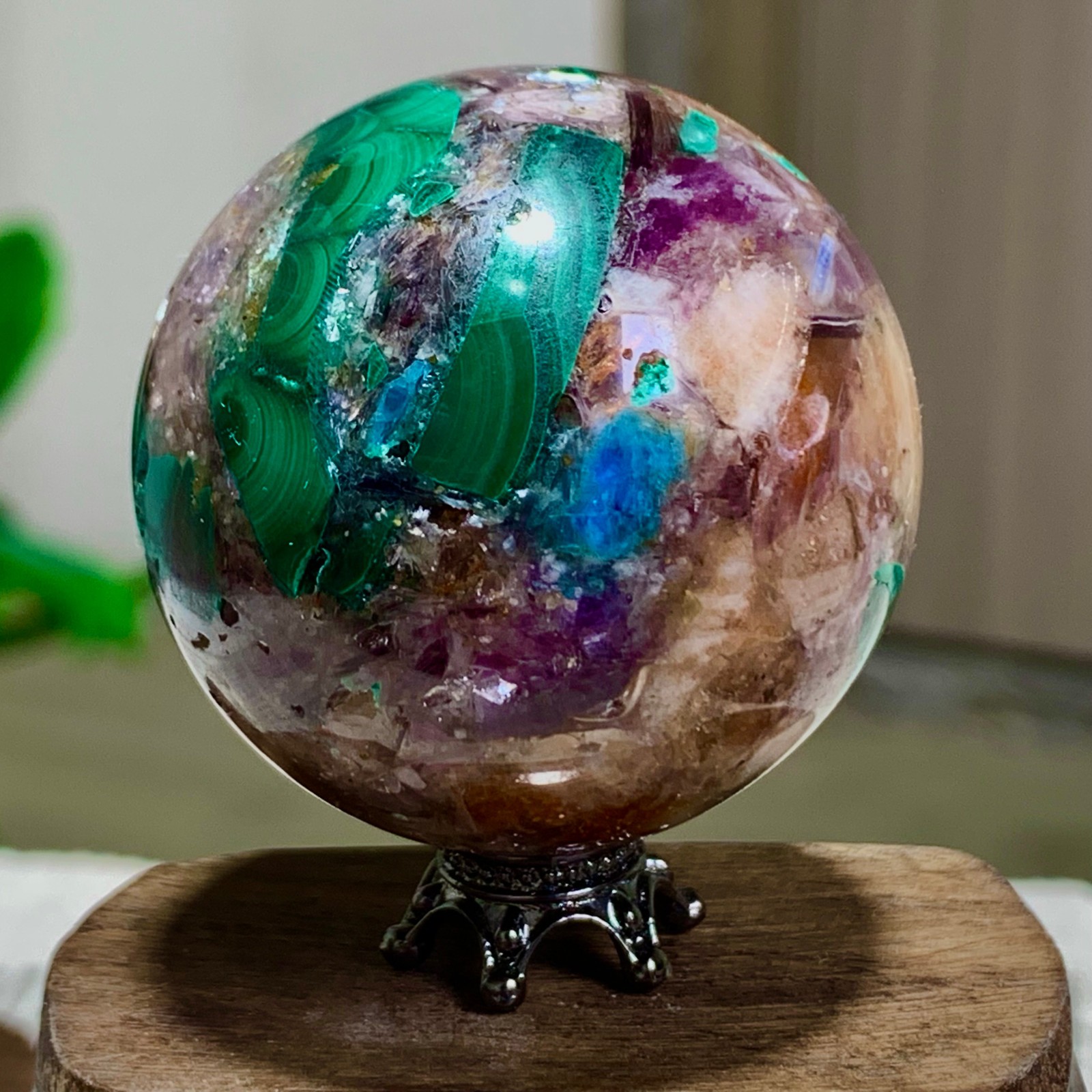 105G Newly discovered rare malachite purple mica symbiotic sphere restoration