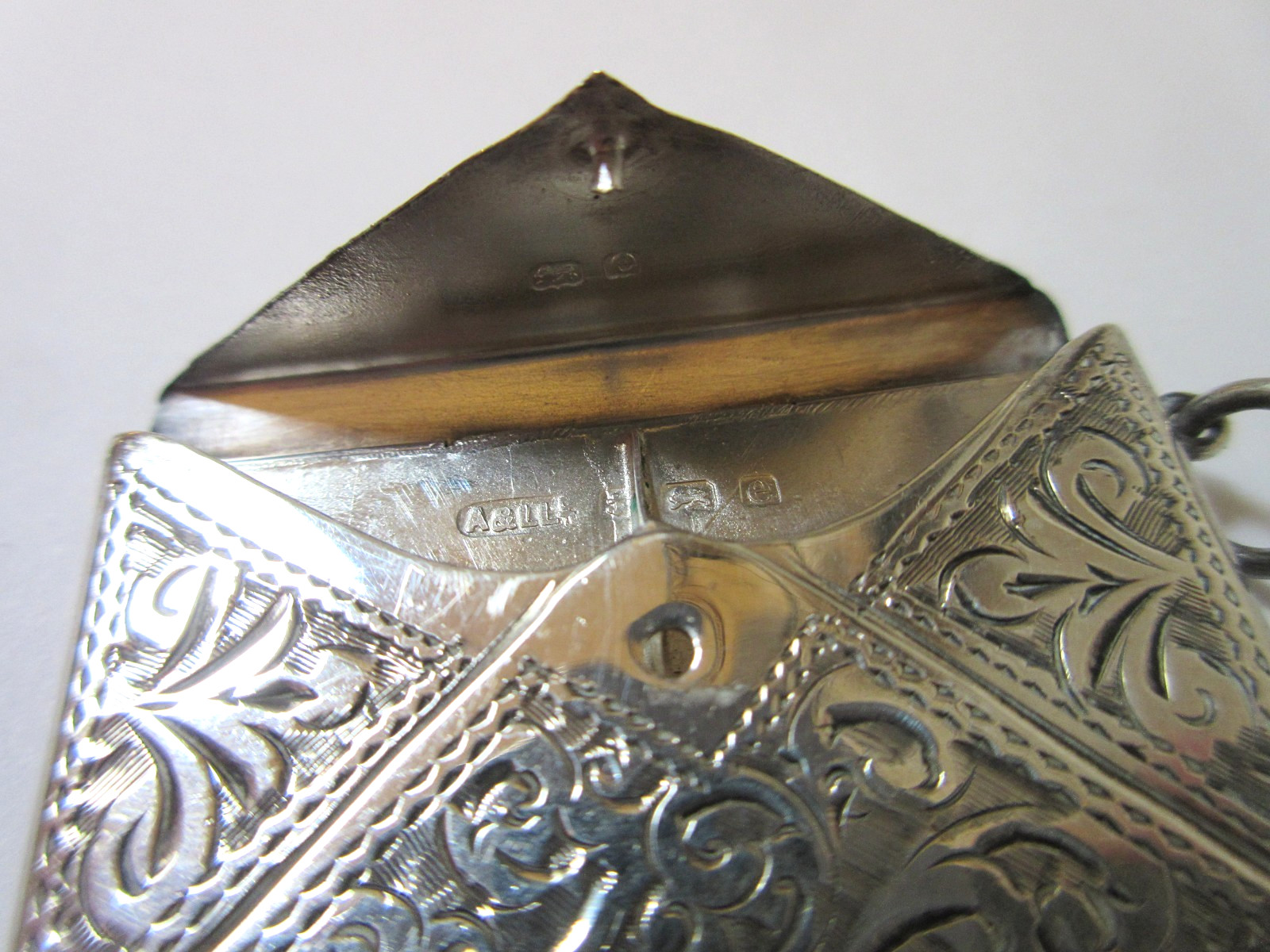 Antique Chatelaine Double Stamp Case Engraved Scrolls Adie & Lovekin 1904