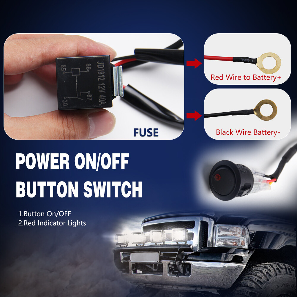 LED Light Bar Wiring Harness Kit 12V 40A Fuse Relay Rocker ON/OFF Switch Kit