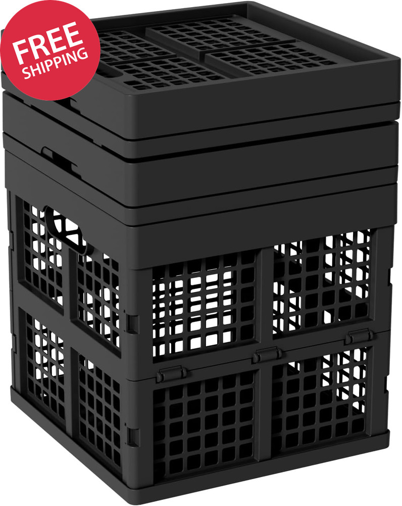 18 L Square Milk Crate, Plastic Stackable Storage Milk Crates, 3 Pack, Black