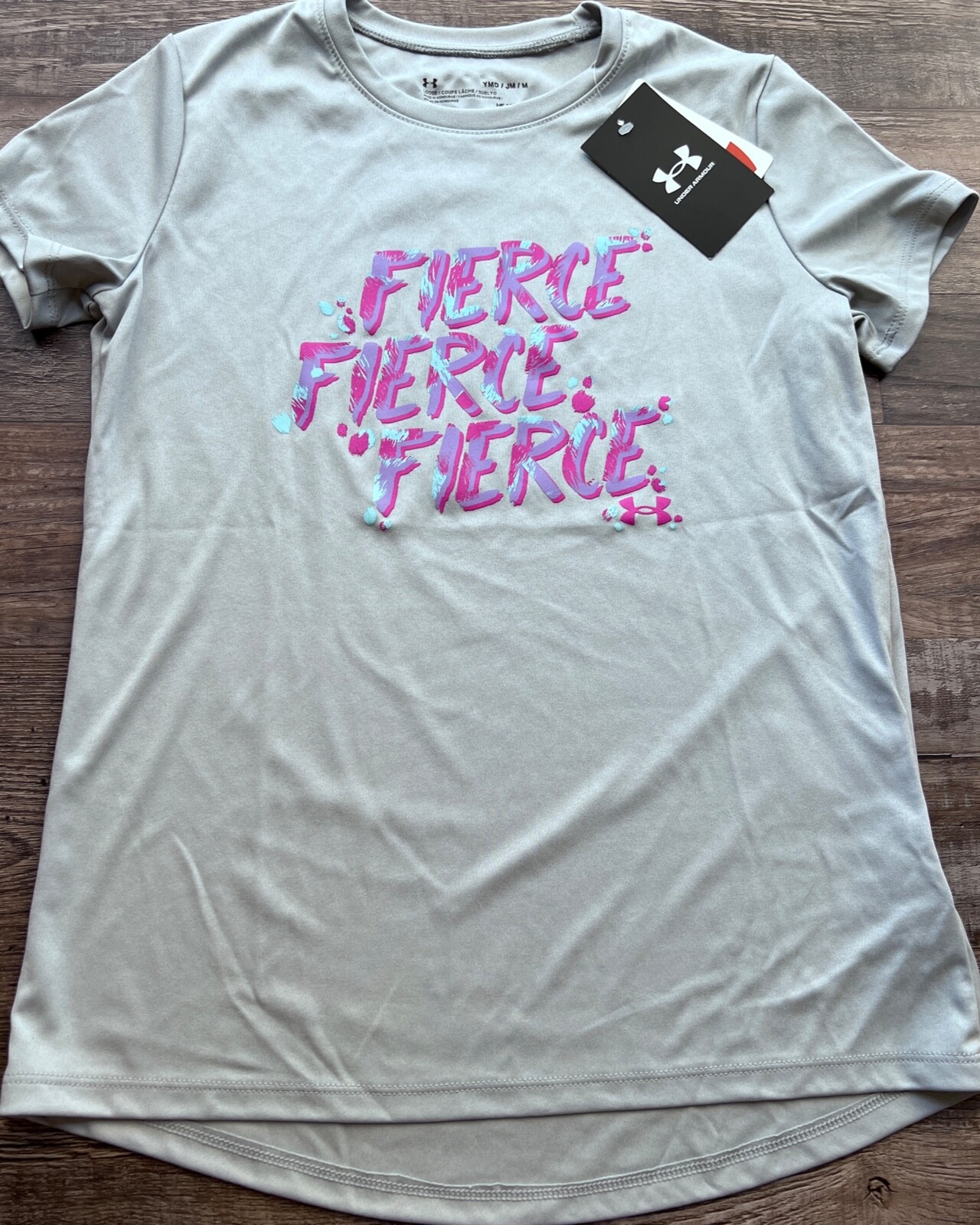 NWT Under Armour YLG Girls Gray/Lavender/Magenta/Aqua FIERCE Printed Shorts Set