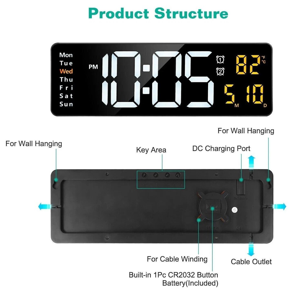 16" Digital LED Desk Alarm Clock Large LCD Display Wall Clock Remote Date Timer~