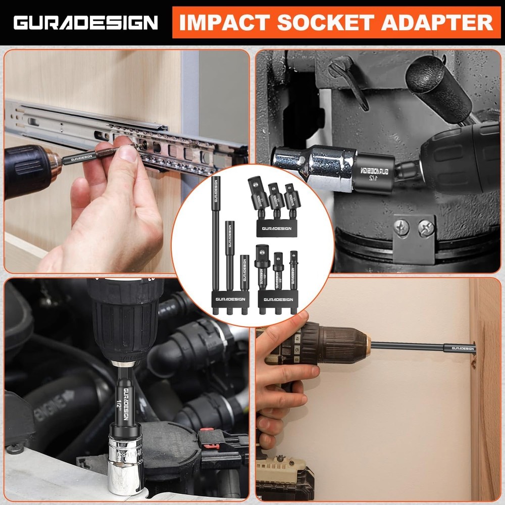 9-Piece Impact Drill Socket Adapter Set and Universal Joints Black