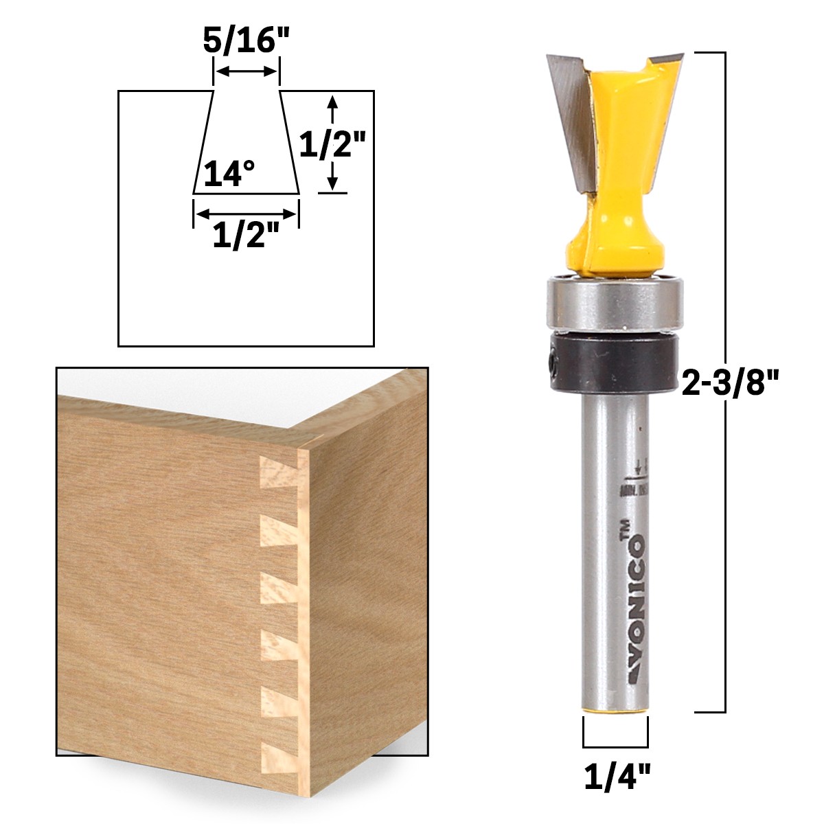 14° X 1/2" Dovetail Router Bit - 1/4" Shank - Yonico 14811q
