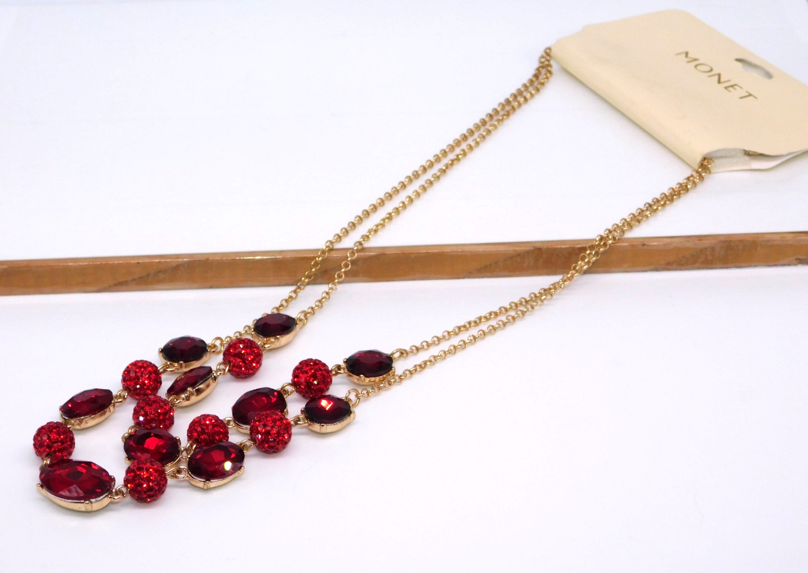 MONET Red Faceted Glass Rhinestone Ball Strand Statement Necklace New with Tag