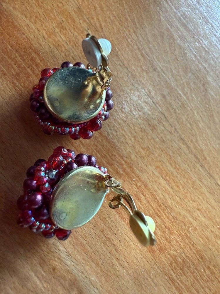 Pair Ruby Red Bead Knot Clip Earrings 7/8"dia.