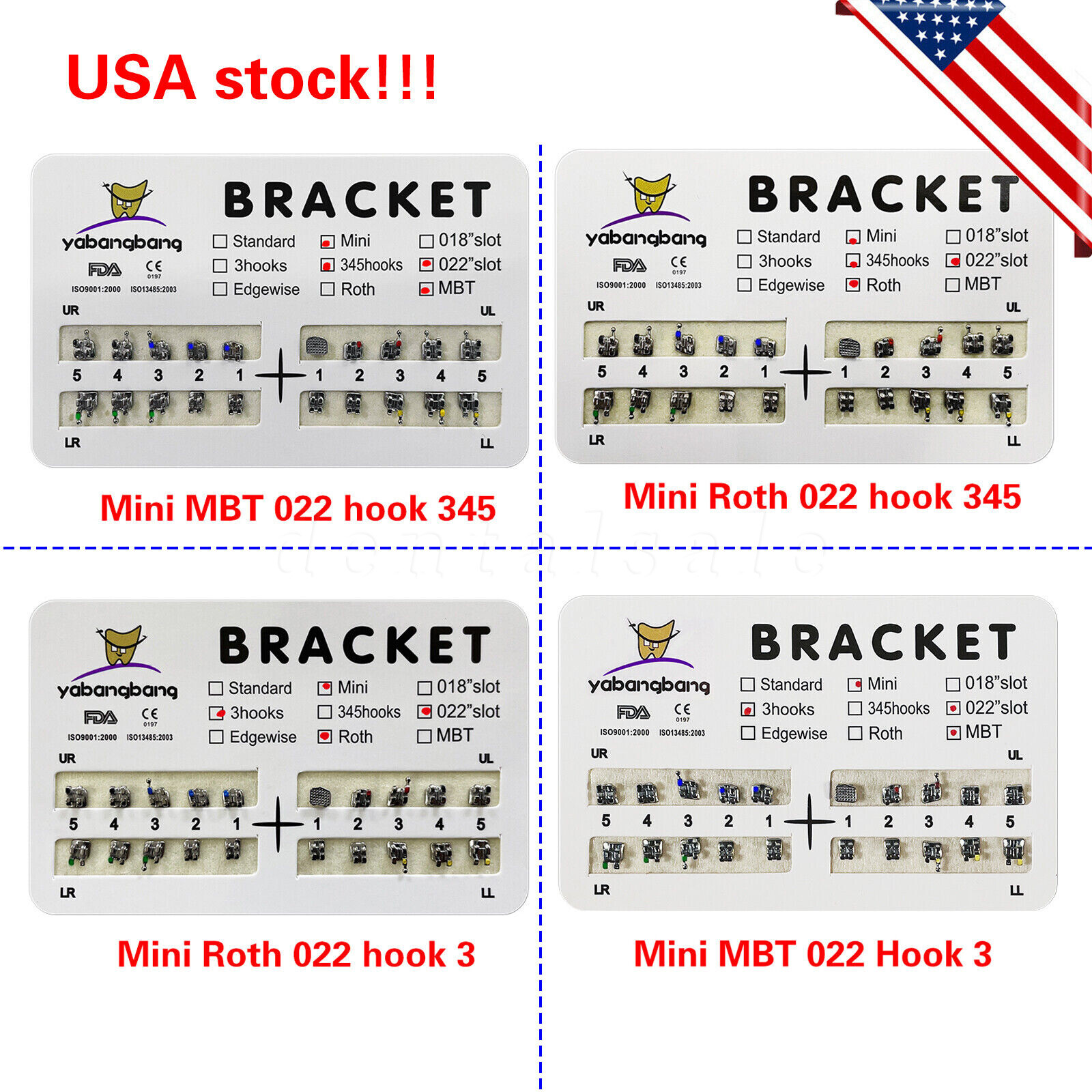 200pcs Dental Orthodontic Bracket Braces Roth/MBT 022" Slot 3/345 hooks Metal US
