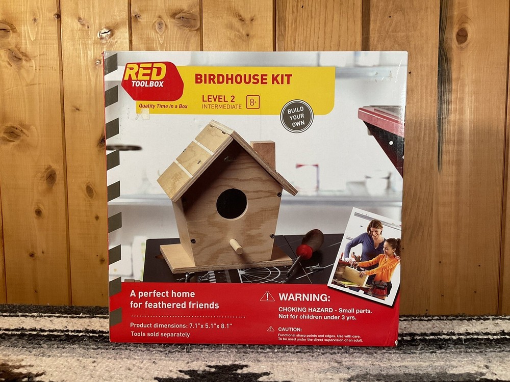 Red Toolbox Hanging Bird Feeder Kit Level 1 Carpentry Kit Ages 8+